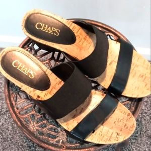Chaps Women's Black Wedge Summer Sandals, Cork Soles, Stretch Upper Straps